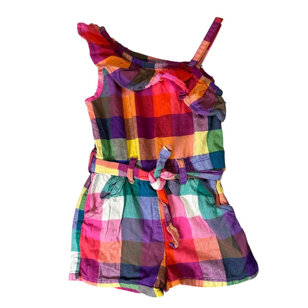 Wonder Nation Rainbow Plaid One Shoulder Ruffle Romper Summer 2T Multi-Color